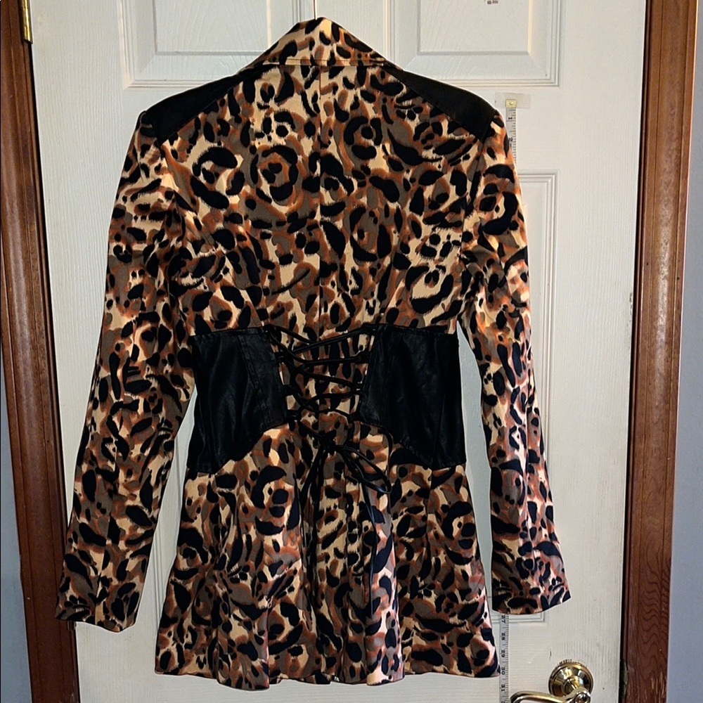 RARE! Y2K-BEBE-L-geometric animal print lace up back corset faux leather jacket.